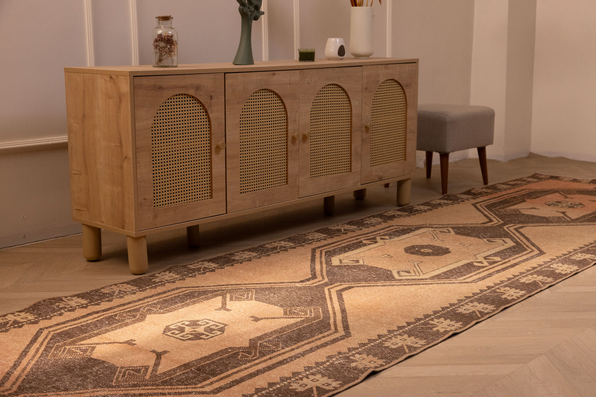 Vintage 4x14 ft Turkish runner rug in orange and gray with geometric patterns, handwoven from wool and cotton.