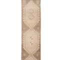 Hand-woven vintage Turkish runner rug in brown and beige with geometric tribal patterns, 2x8 ft wool and cotton.