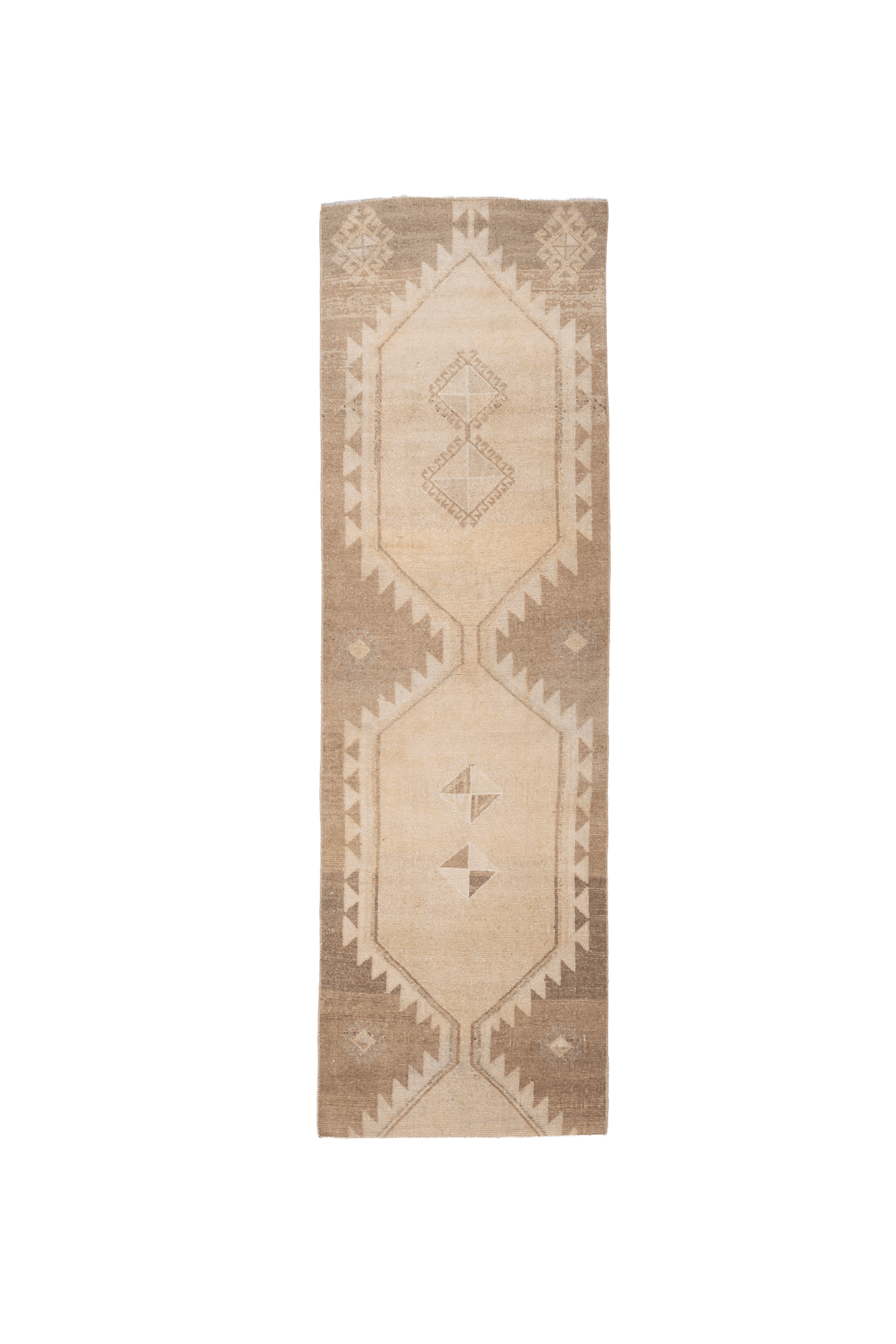 Hand-woven vintage Turkish runner rug in brown and beige with geometric tribal patterns, 2x8 ft wool and cotton.