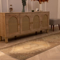 Handwoven vintage Turkish runner rug in brown and beige with geometric patterns, 2x8 ft wool and cotton blend.