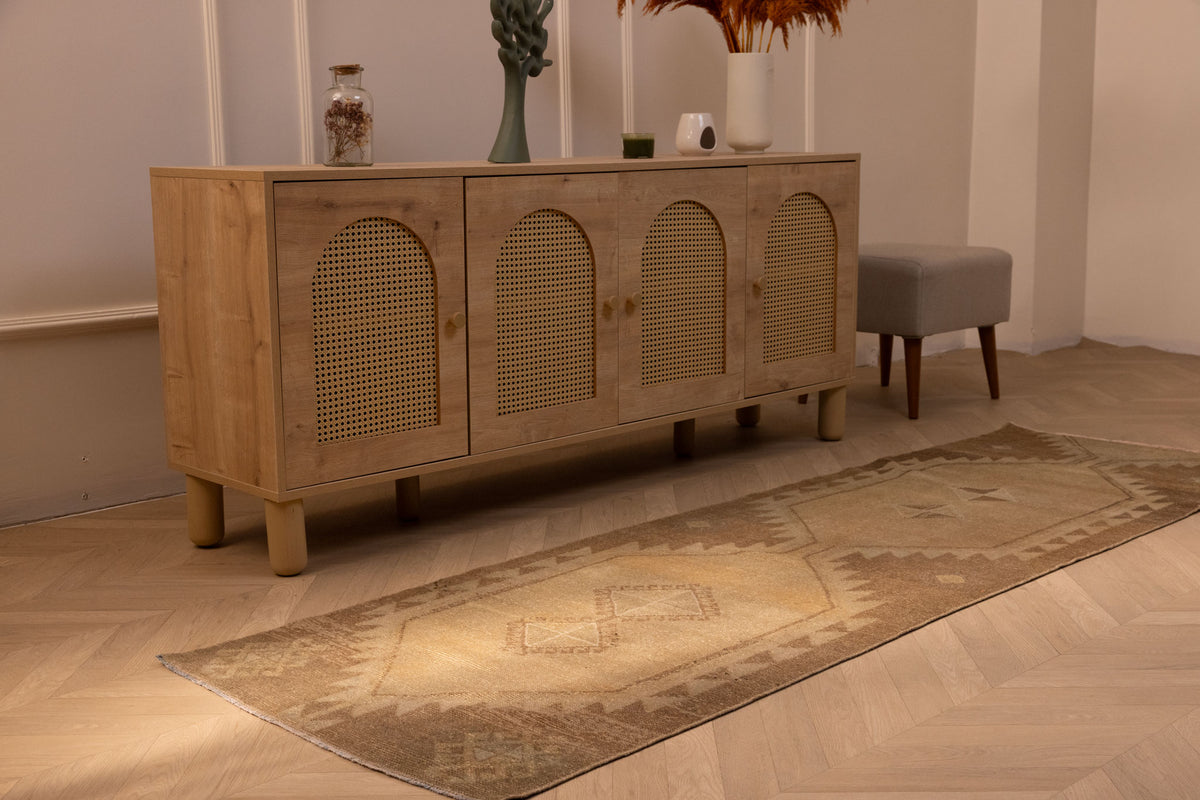 Handwoven vintage Turkish runner rug in brown and beige with geometric patterns, 2x8 ft wool and cotton blend.