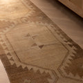 Handwoven vintage Turkish runner rug in brown and beige with geometric patterns, 2x8 ft wool and cotton farmhouse style.