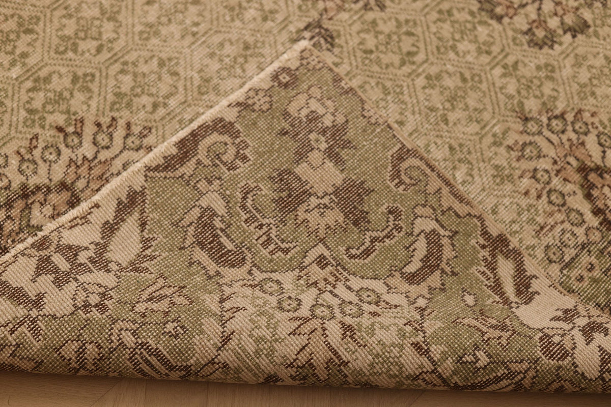 Vintage Isparta Turkish Area Rug 7x10 ft — Beige & Green Floral