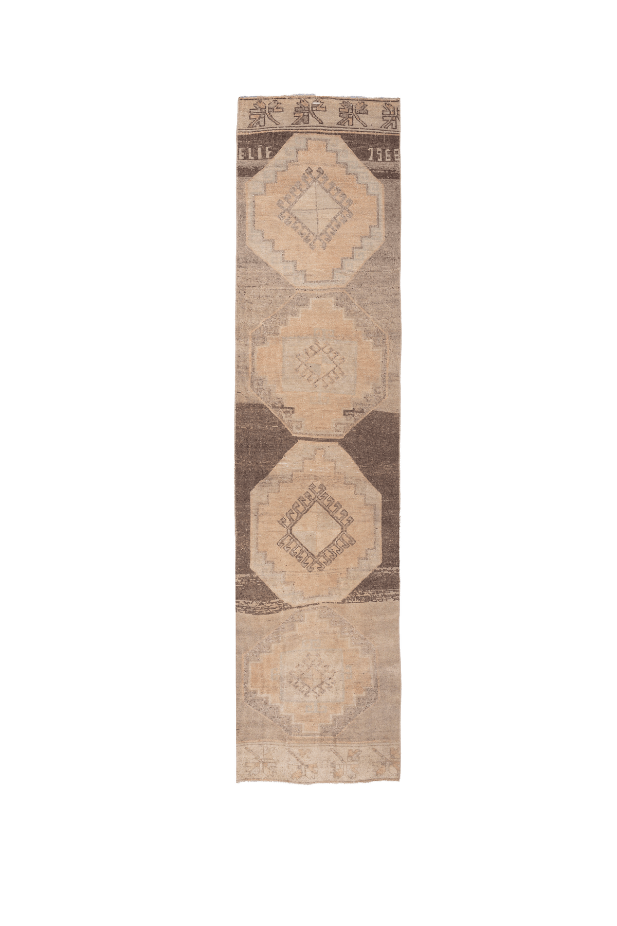 Hand-woven vintage Turkish runner rug in beige and brown with geometric patterns, 2x9 ft wool and cotton blend.
