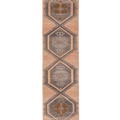 3x12 ft vintage Turkish runner rug in orange and gray with handwoven geometric tribal patterns and wool-cotton blend.