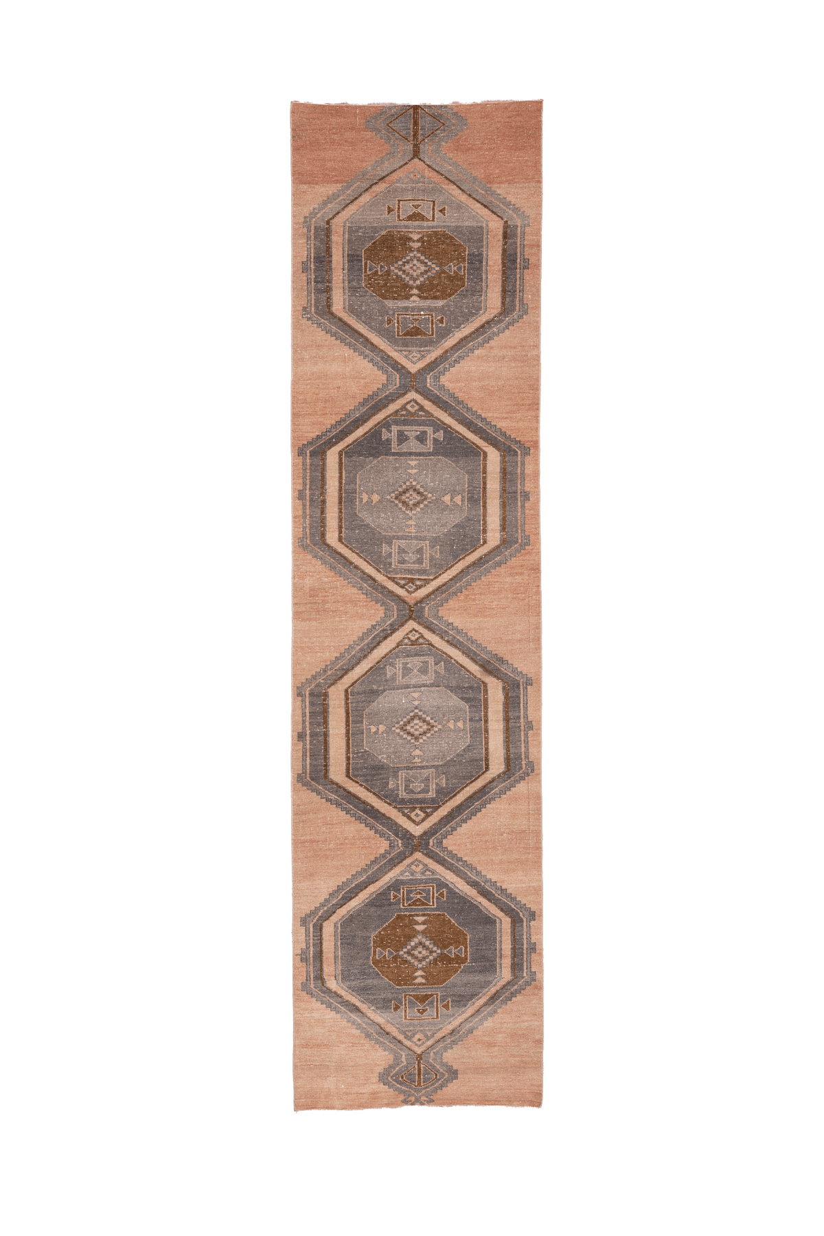 3x12 ft vintage Turkish runner rug in orange and gray with handwoven geometric tribal patterns and wool-cotton blend.