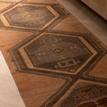 3x12 ft vintage Turkish runner rug in orange and gray with geometric patterns, handwoven from wool and cotton.