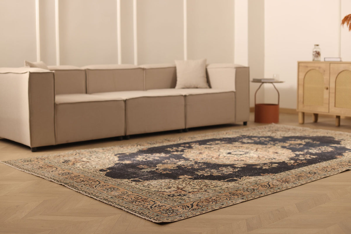 Vintage Isparta Turkish Area Rug 7x11 ft — Gray & Brown Floral