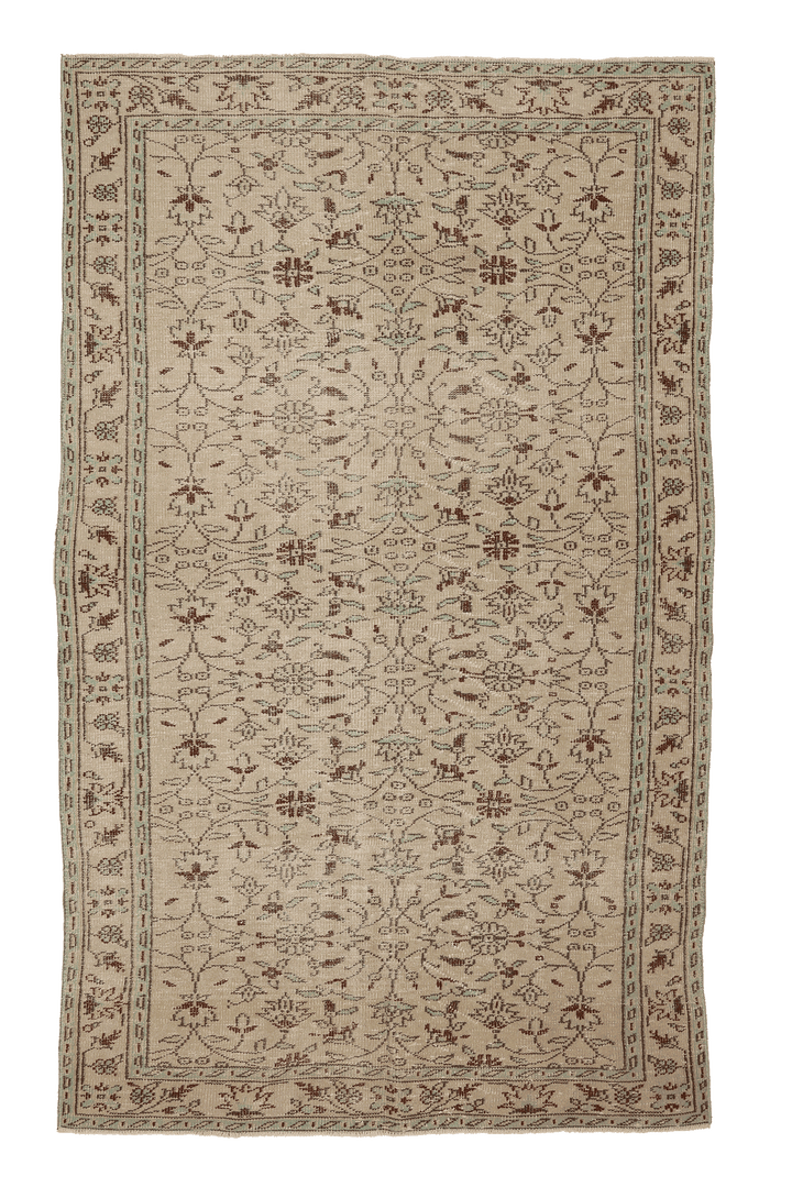 Vintage Isparta Turkish Area Rug 5x9 ft — Beige & Brown Floral
