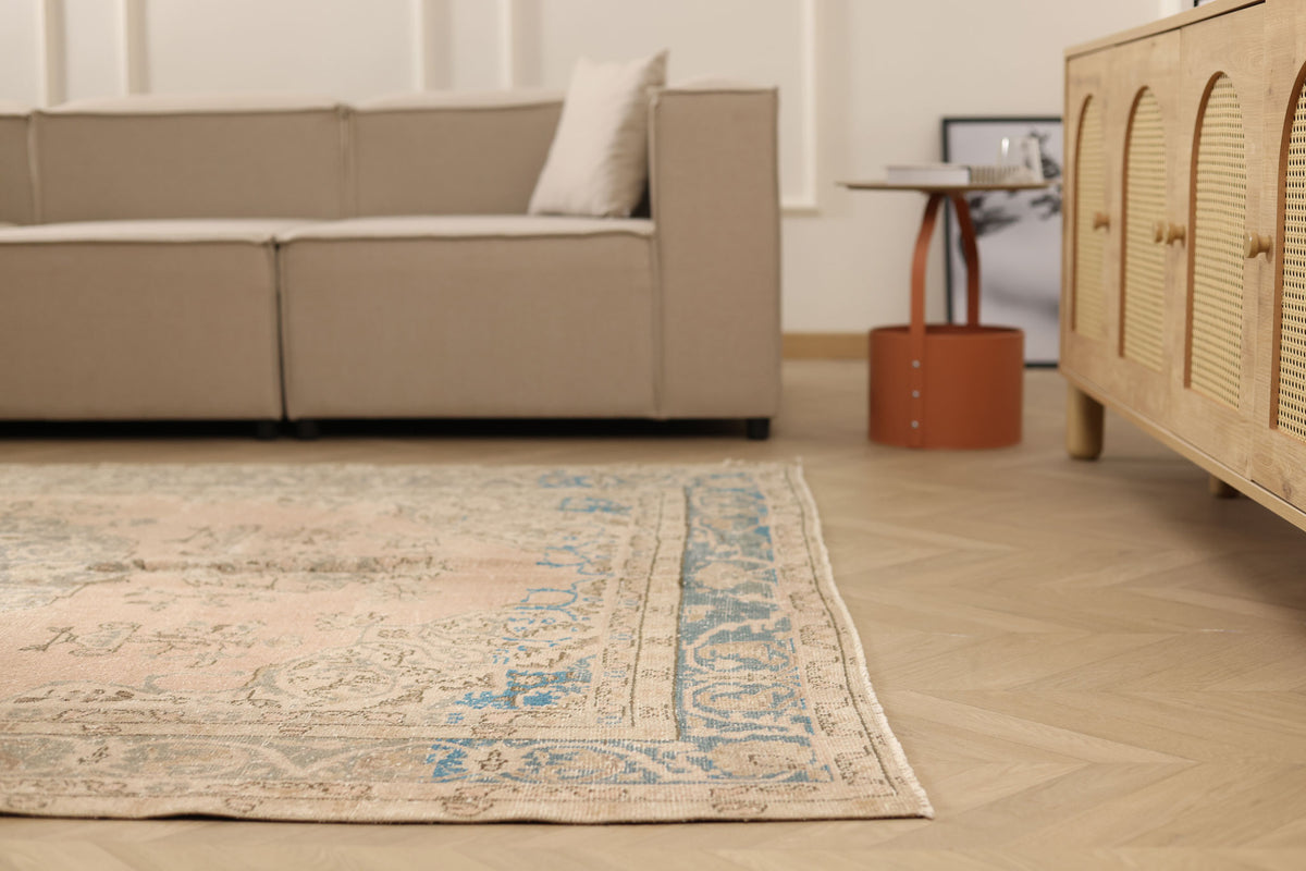 Vintage Isparta Turkish Area Rug 6x9 ft — Beige Floral (No. 60806)
