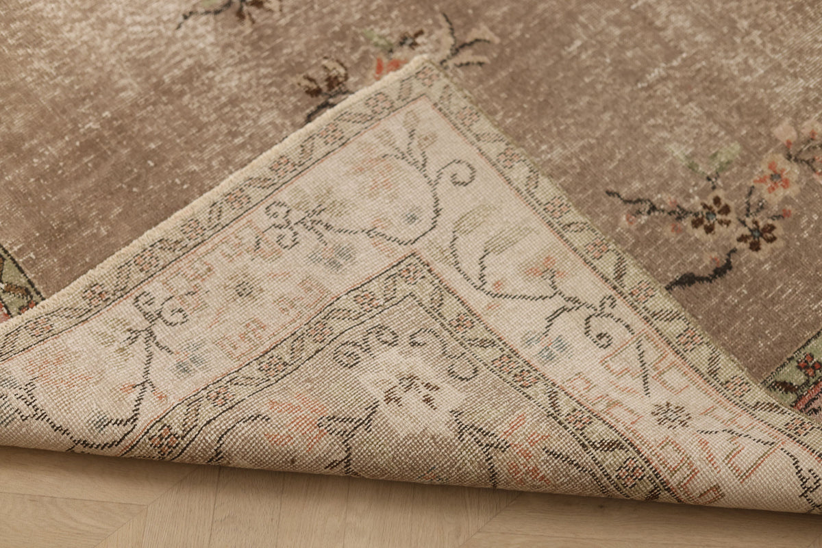 Vintage Isparta Turkish Area Rug 6x9 ft — Brown Floral (No. 60807)