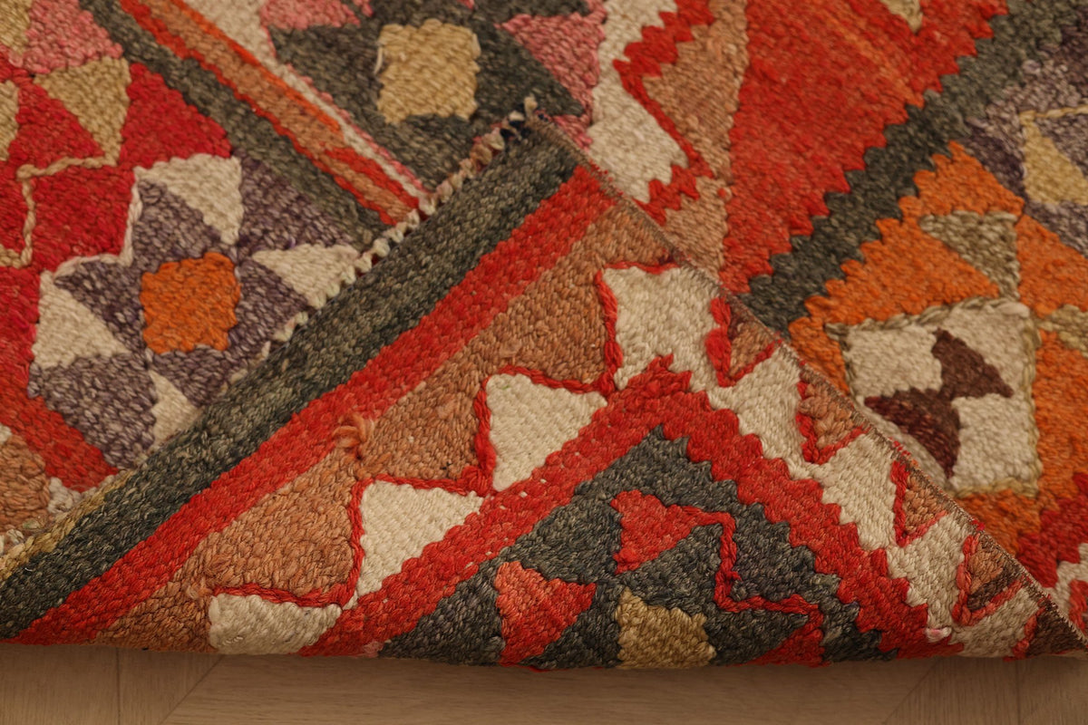 Vintage Southeastern Persian Style Kilim Runner Rug 3x9 ft — Red & Orange Geometric