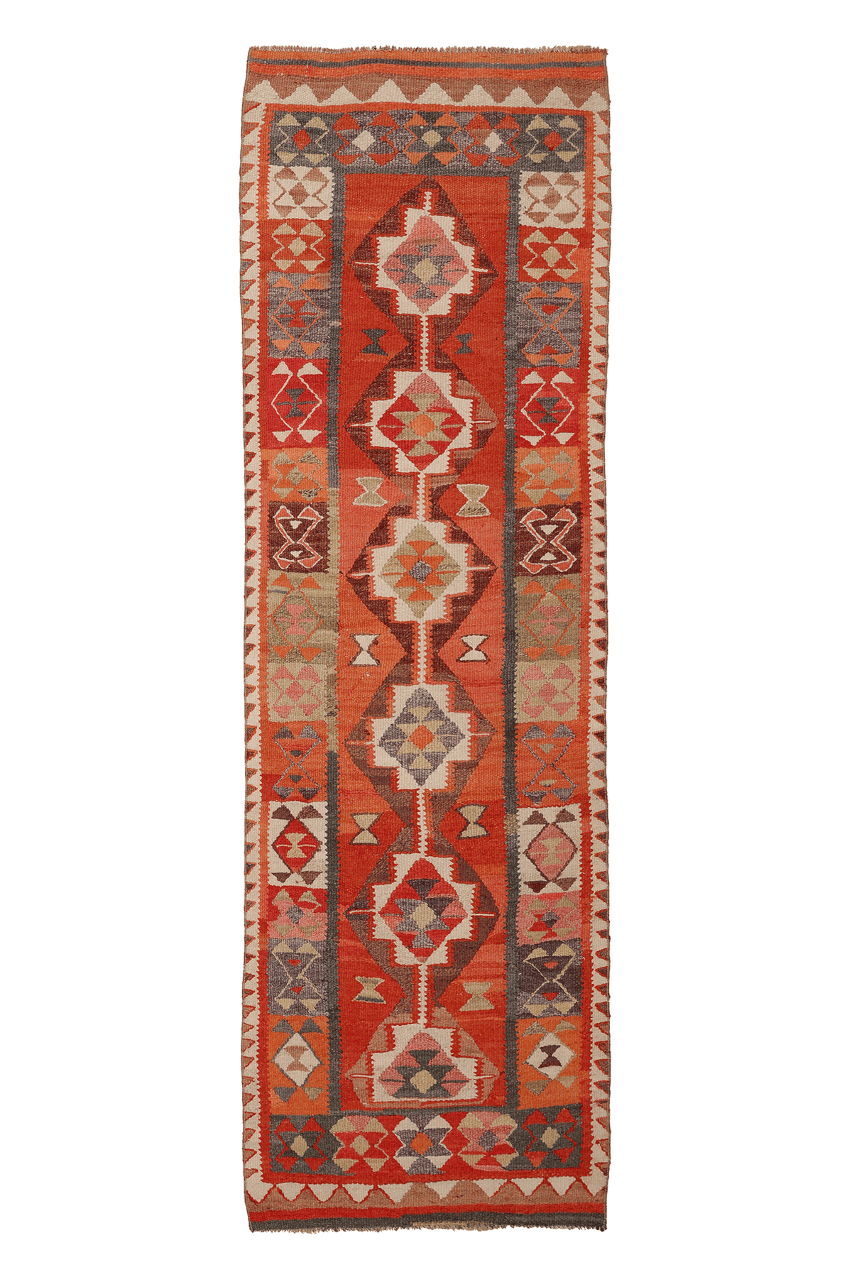 Vintage Southeastern Persian Style Kilim Runner Rug 3x9 ft — Red & Orange Geometric