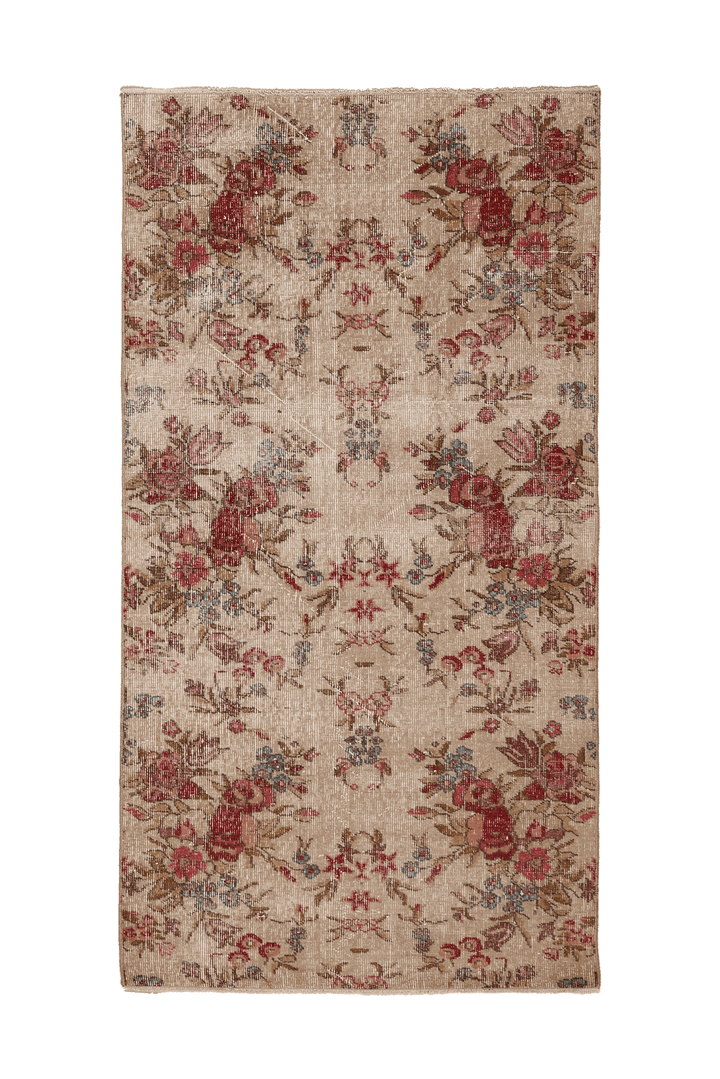 Vintage Isparta Turkish Runner Rug 3x6 ft — Beige & Red Floral