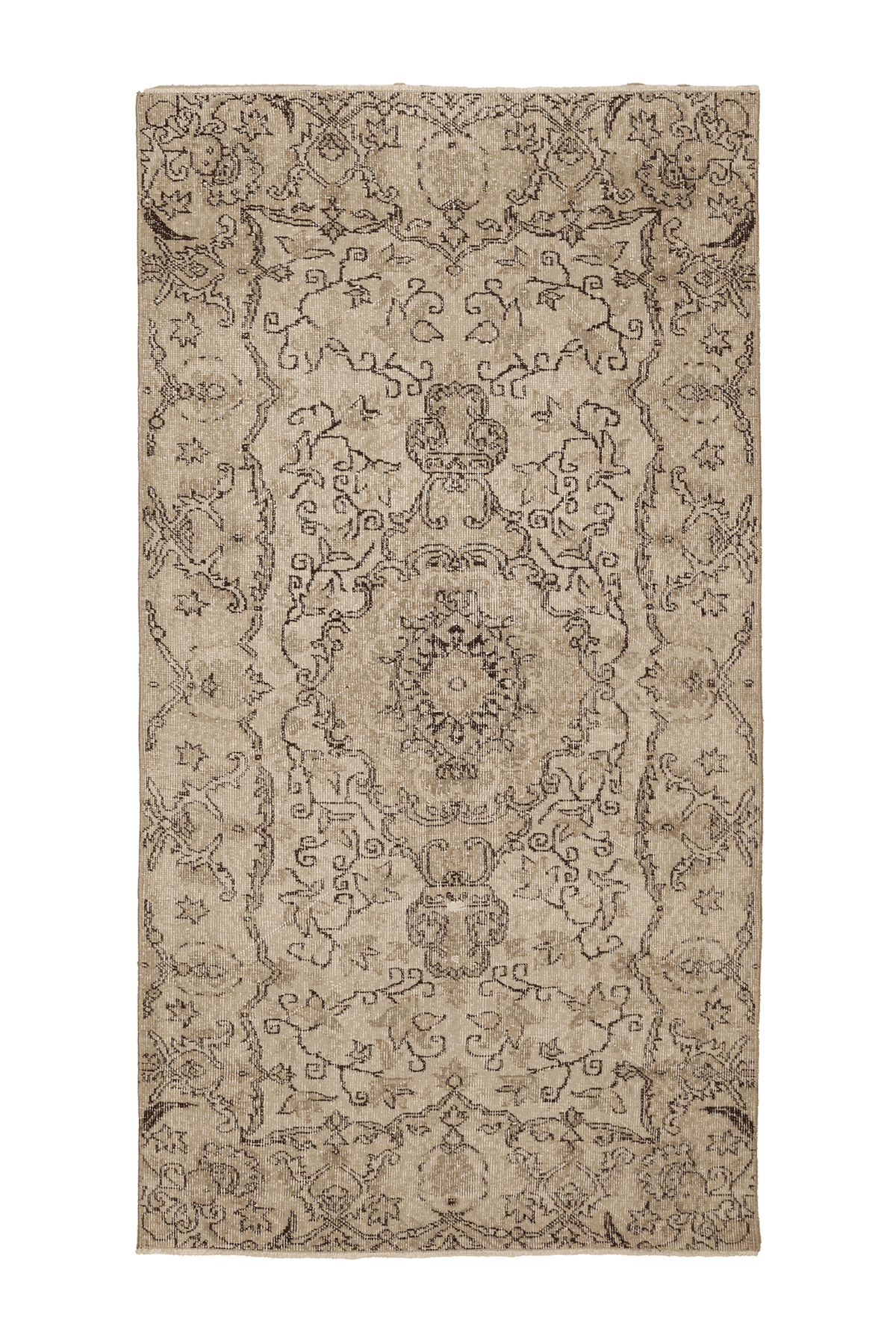 Vintage Isparta Turkish Runner Rug 4x7 ft — Beige & Brown Floral