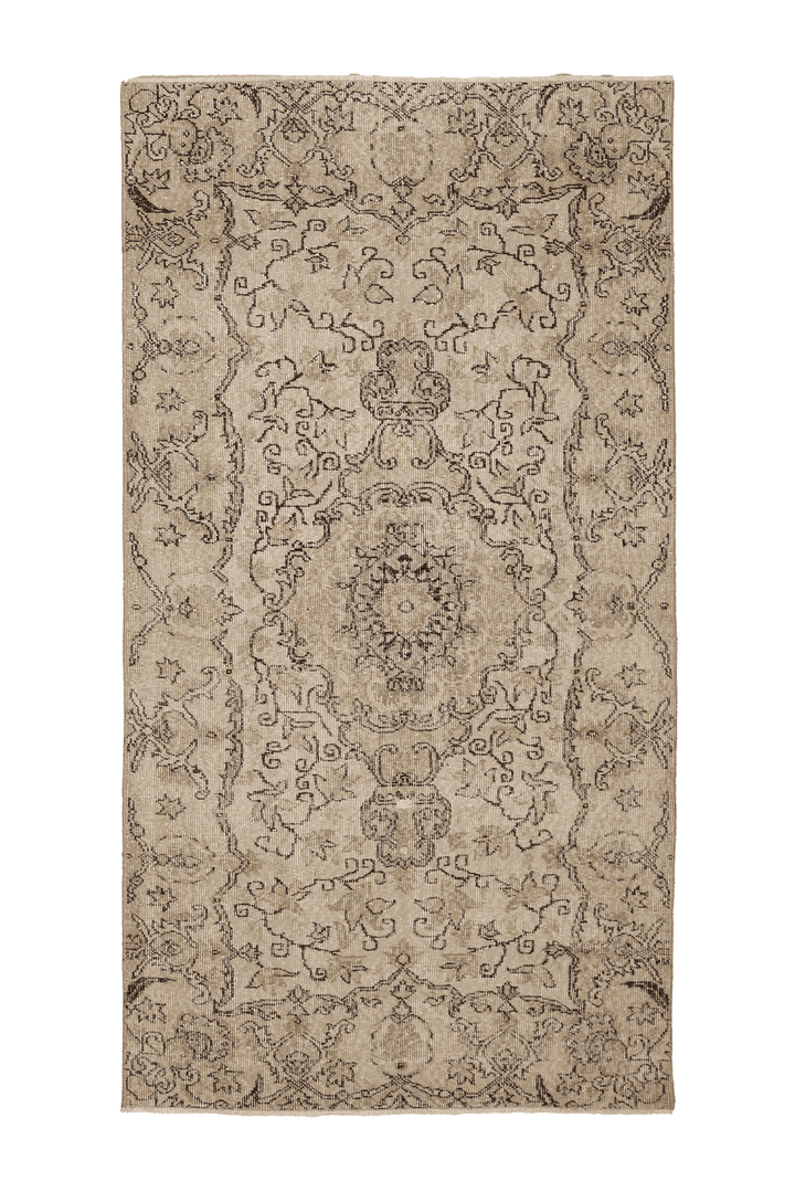 Vintage Isparta Turkish Runner Rug 4x7 ft — Beige & Brown Floral