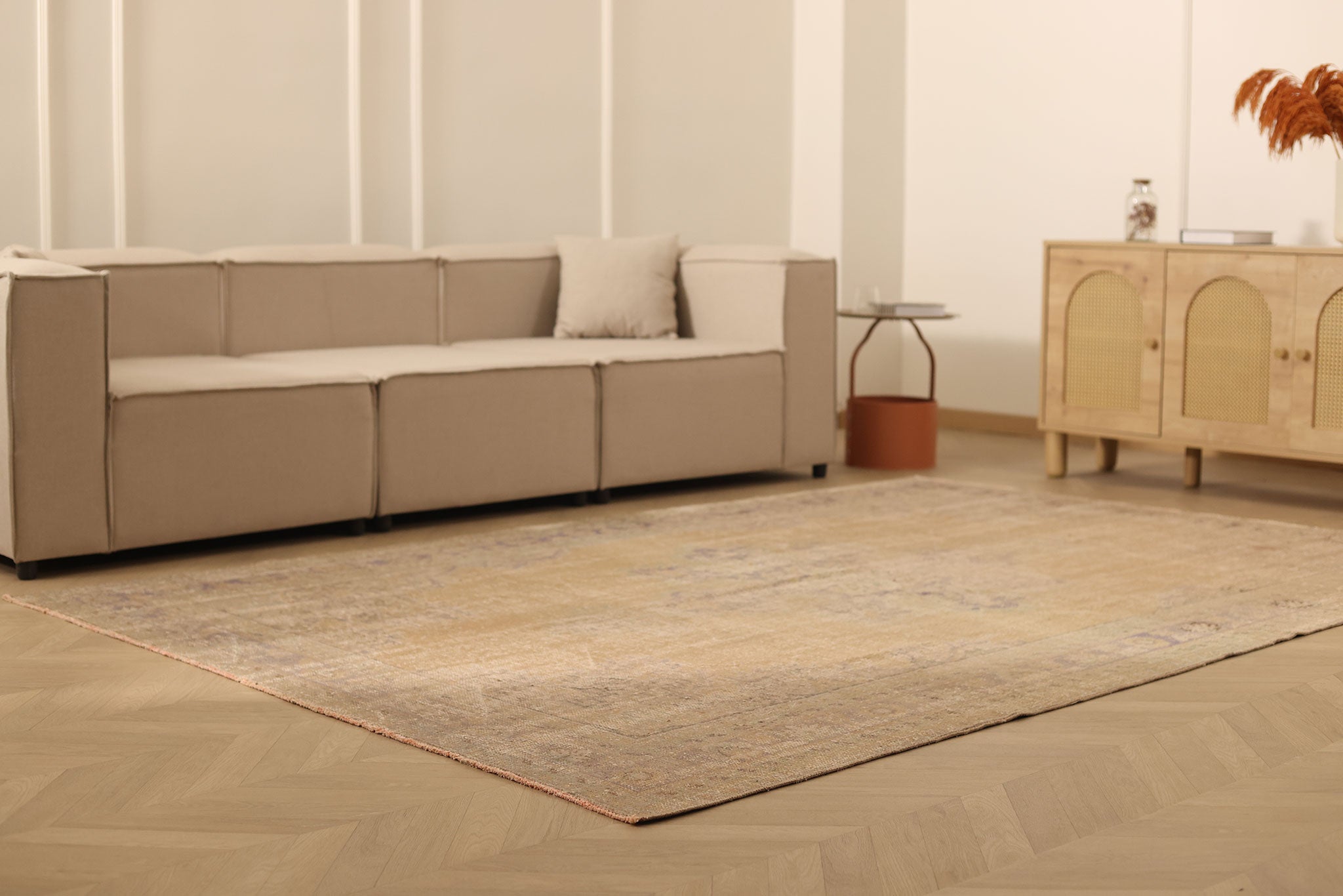 Vintage Manisa Turkish Area Rug 6x9 ft — Beige & Brown Distressed (No. 60845)