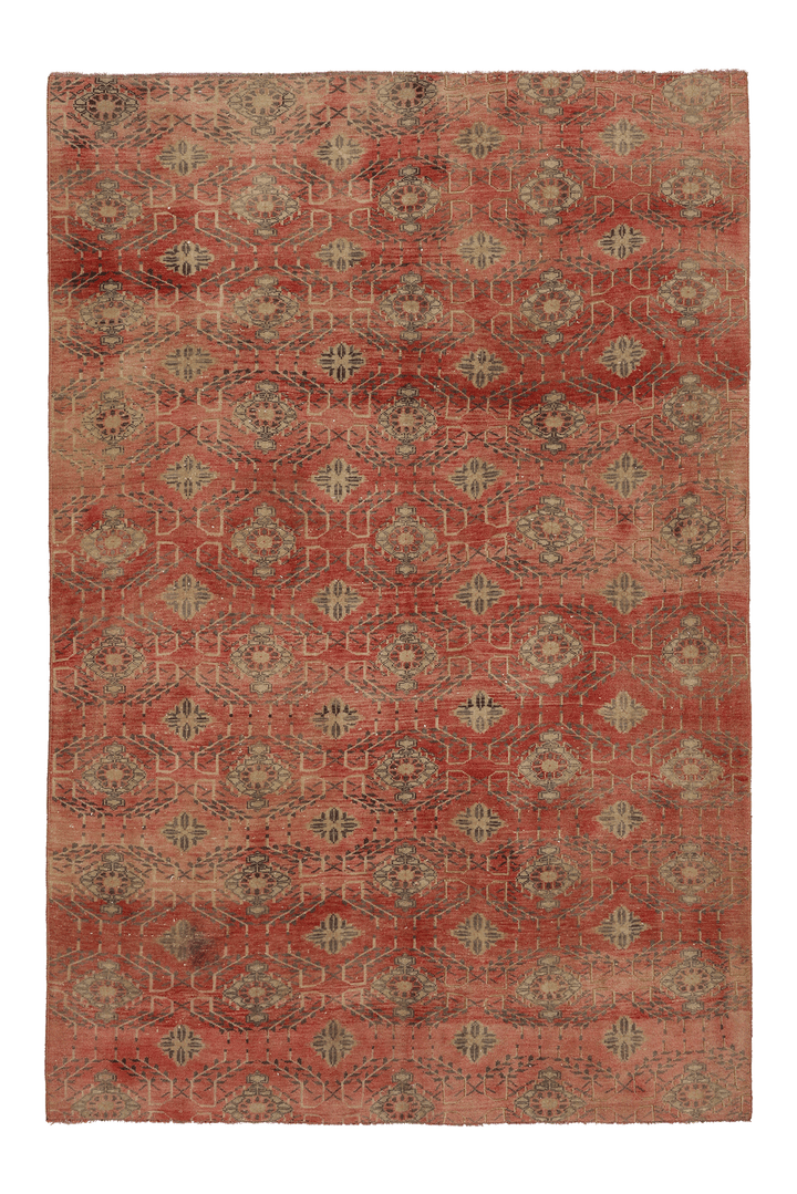 Vintage Malatya Turkish Area Rug 5x8 ft — Red & Beige Geometric