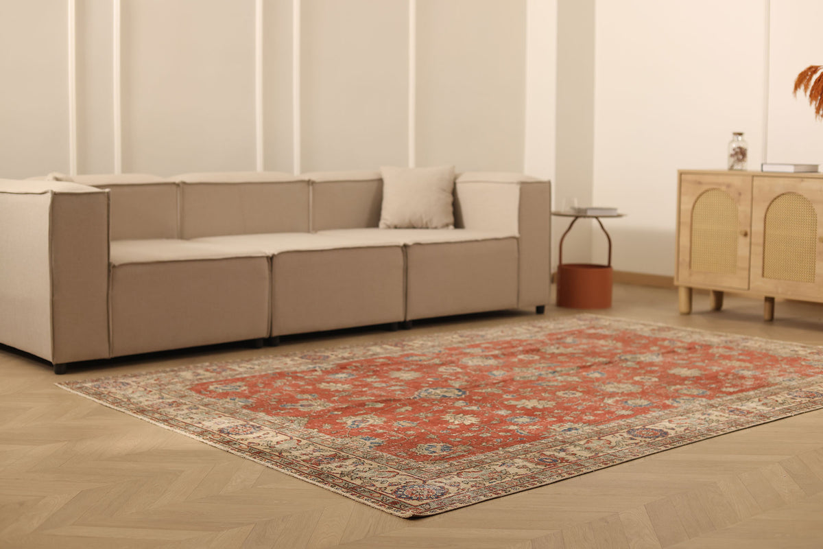 Vintage Isparta Turkish Area Rug 6x9 ft — Red & Beige Floral (No. 60852)