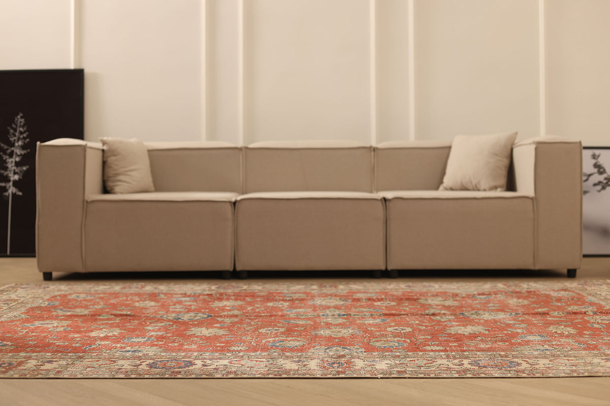 Vintage Isparta Turkish Area Rug 6x9 ft — Red & Beige Floral (No. 60852)