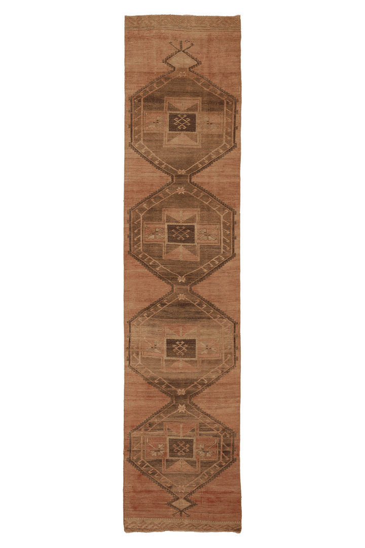 Vintage Malatya Turkish Runner Rug 3x13 ft — Orange & Brown Geometric