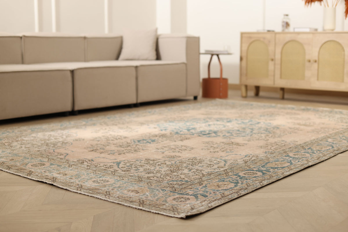 Vintage Isparta Turkish Area Rug 7x10 ft — Beige Floral (No. 60887)