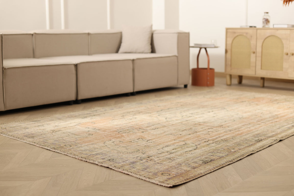 Vintage Manisa Turkish Area Rug 6x9 ft — Orange & Beige Floral (No. 60889)