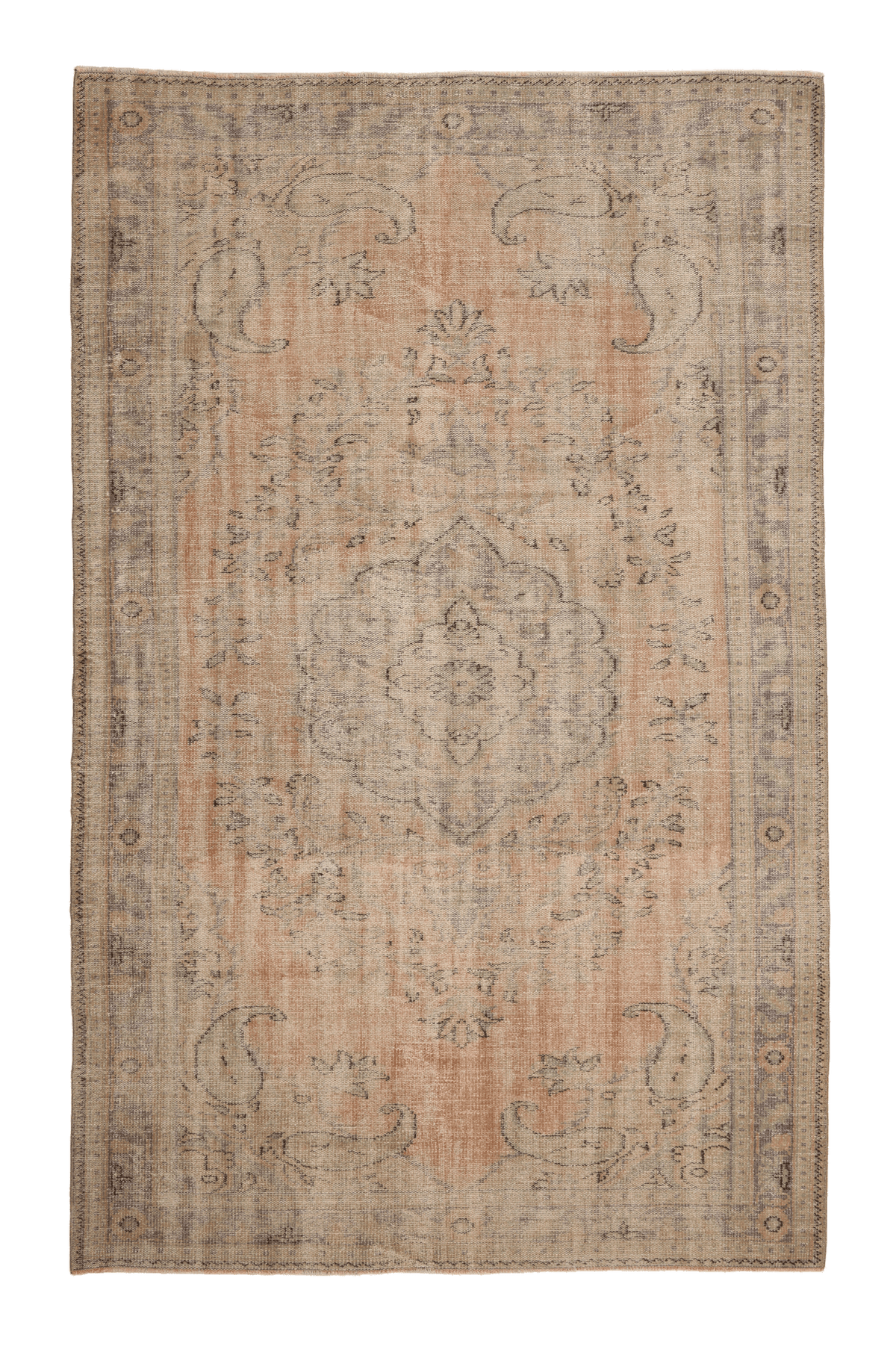 Vintage Manisa Turkish Area Rug 6x9 ft — Orange & Beige Floral (No. 60889)