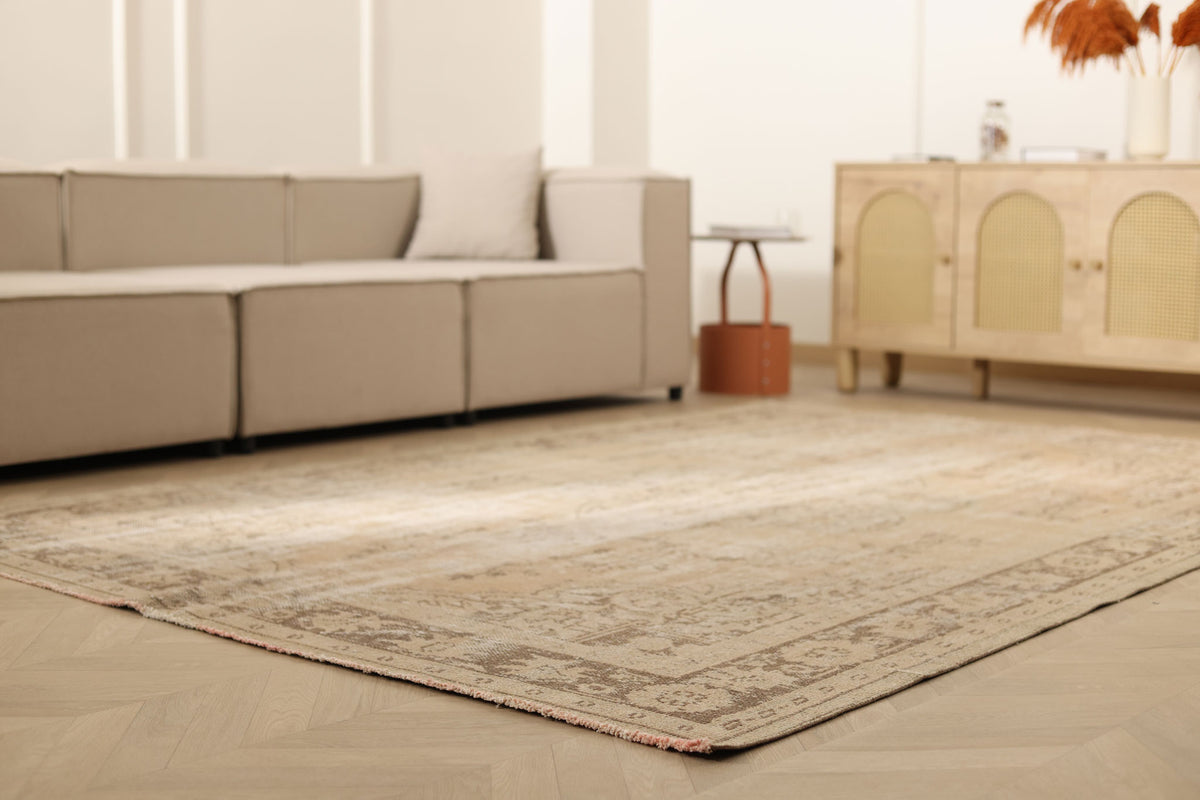 Vintage Manisa Turkish Area Rug 6x9 ft — Beige Floral (No. 60890)