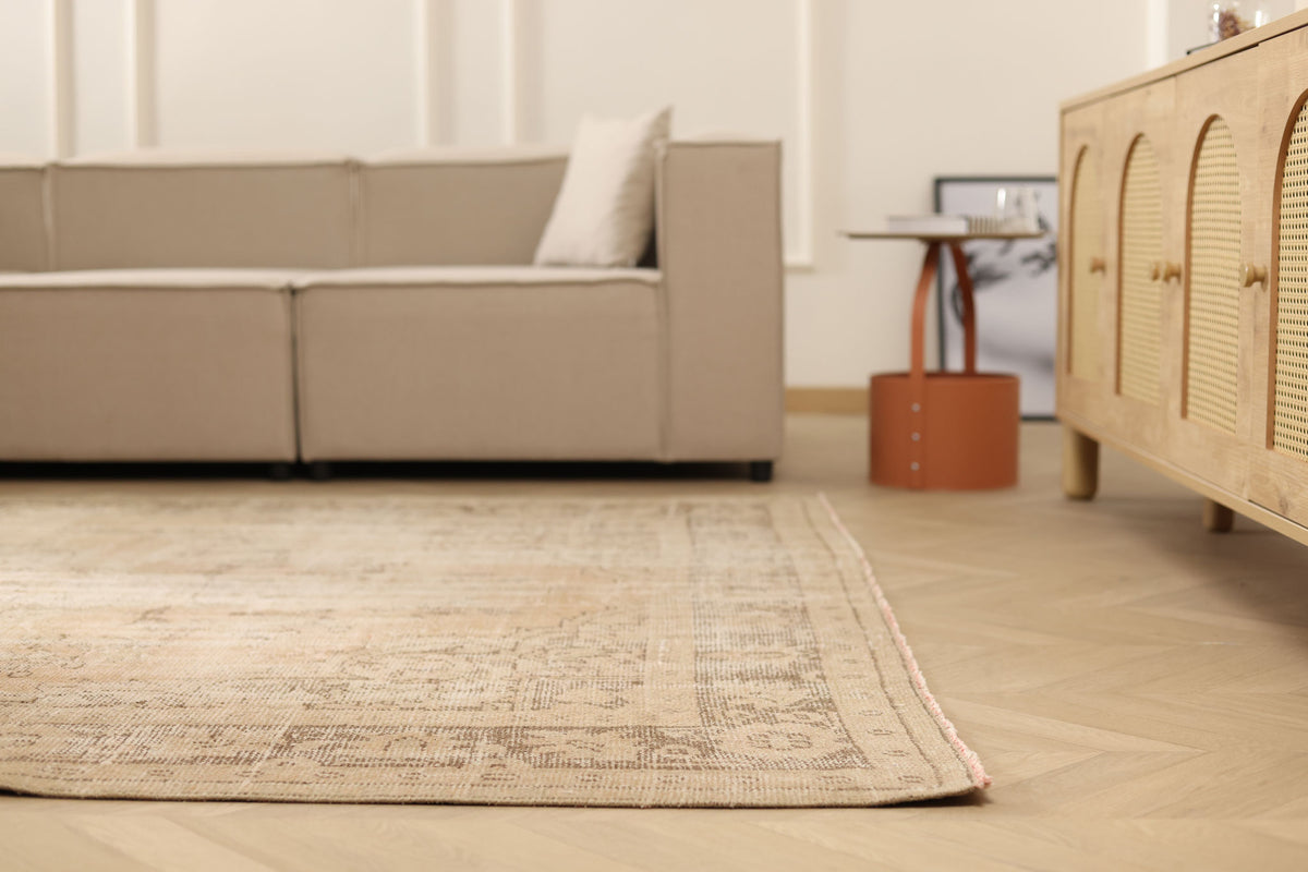 Vintage Manisa Turkish Area Rug 6x9 ft — Beige Floral (No. 60890)