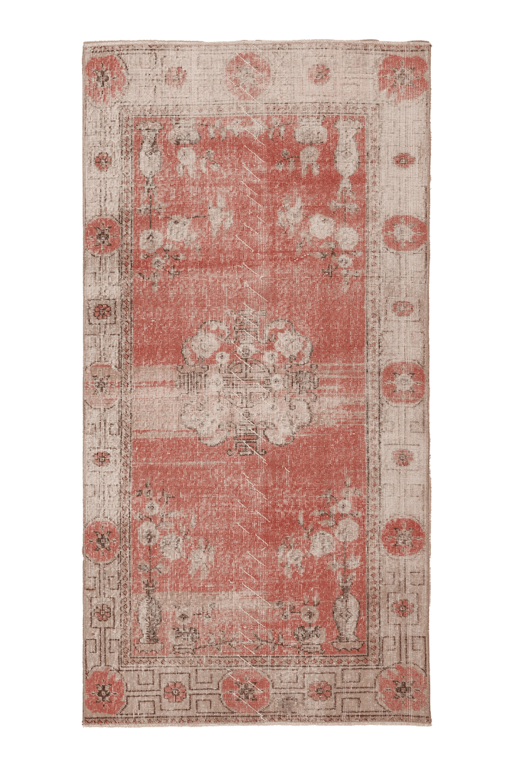 Vintage Isparta Turkish Runner Rug 3x7 ft — Red & Beige Floral