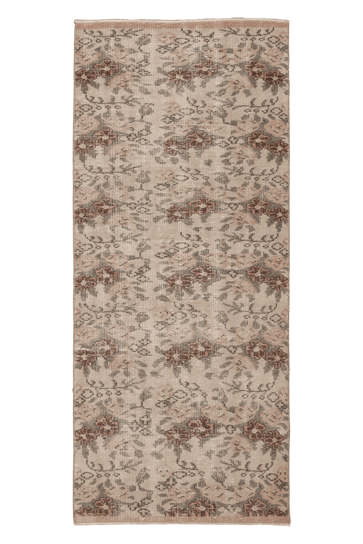 Vintage Isparta Turkish Runner Rug 3x7 ft — Beige & Brown Floral
