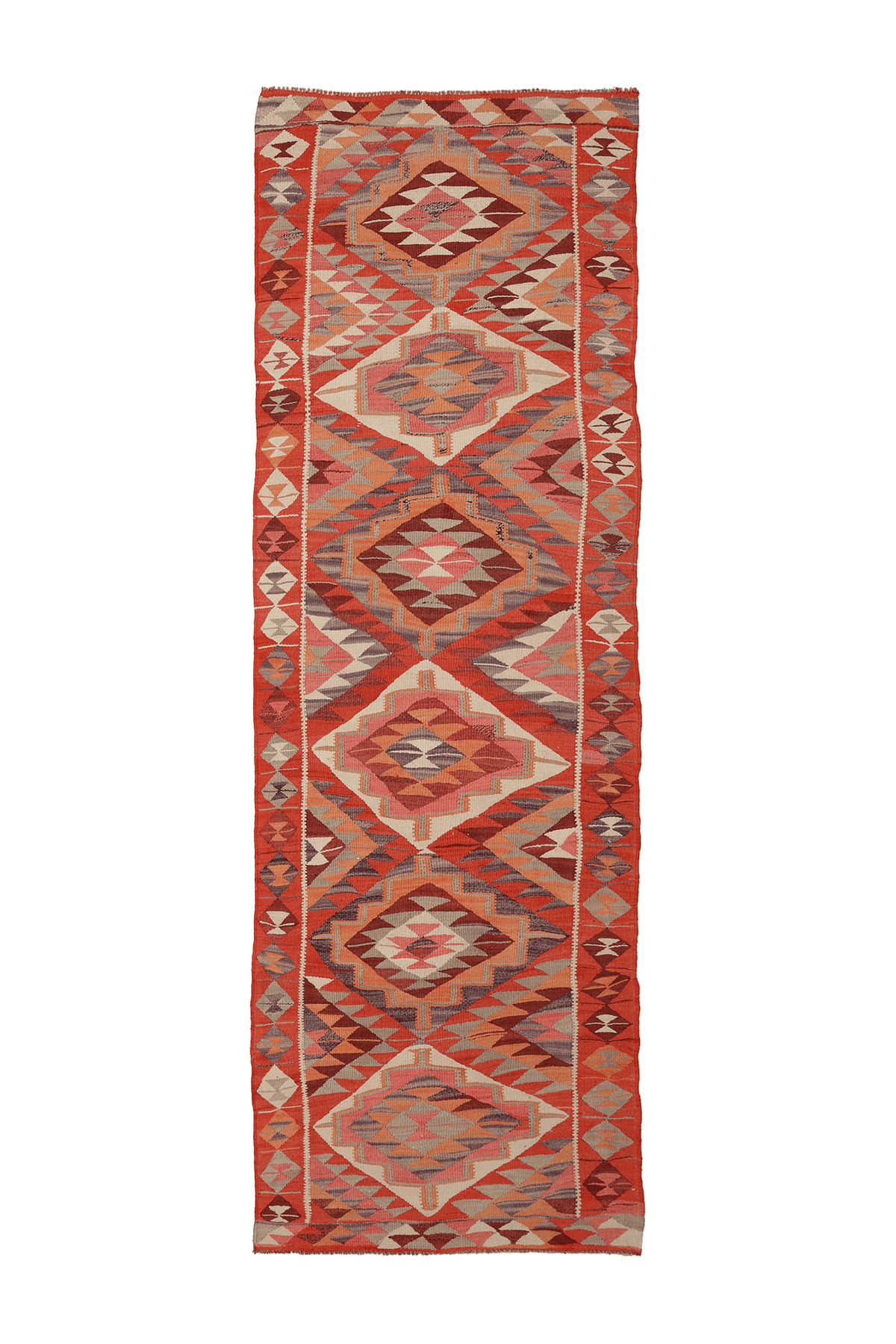 Vintage Southeastern Persian Style Kilim Runner Rug 3x10 ft — Red & Pink Geometric