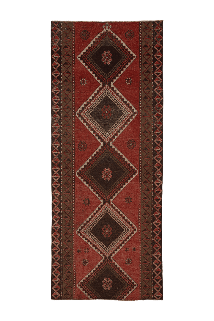 Vintage Malatya Turkish Runner Rug 4x9 ft — Red & Brown Geometric