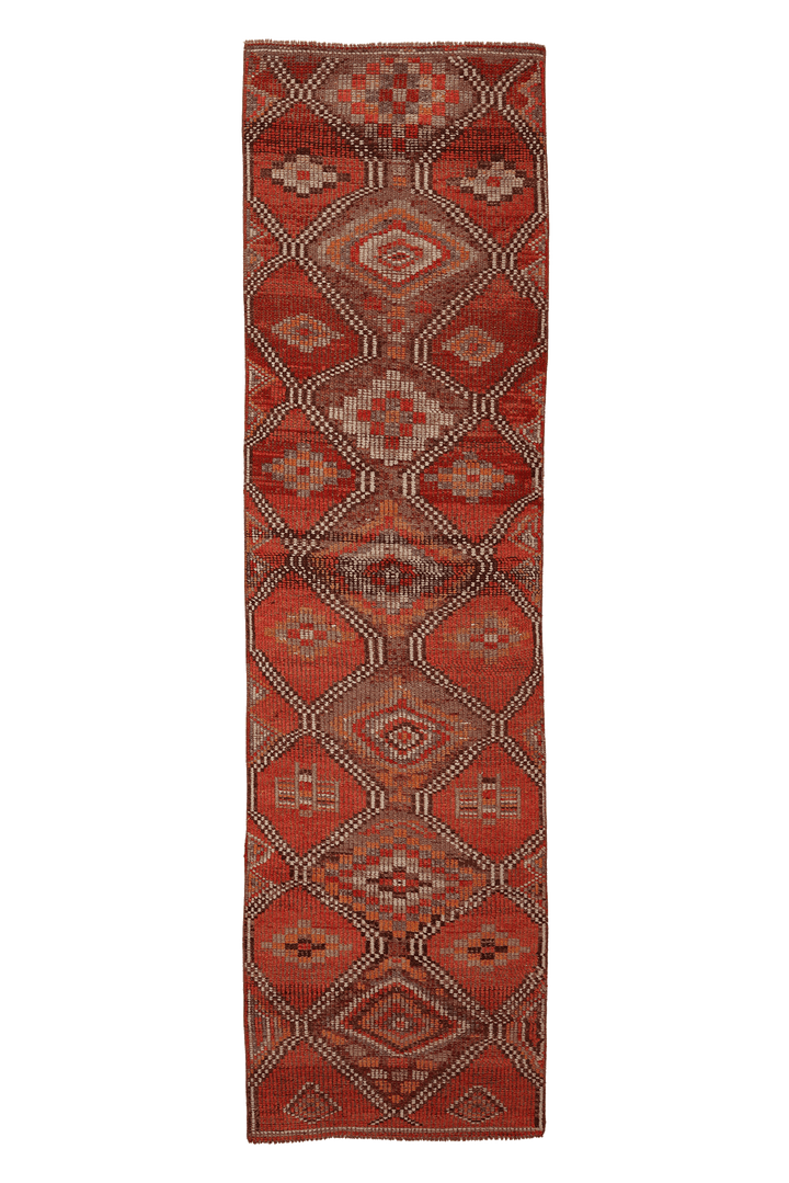 Vintage Southeastern Persian Style Runner Rug 3x10 ft — Red & Brown Geometric
