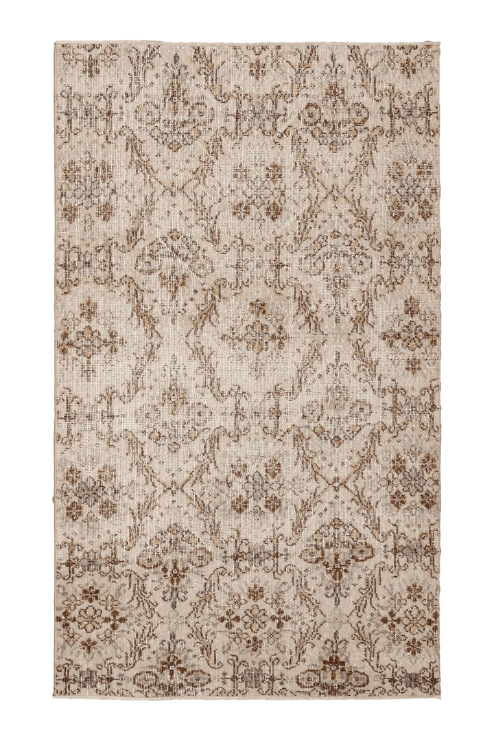 Vintage Isparta Turkish Runner Rug 4x6 ft — Beige & Brown Floral