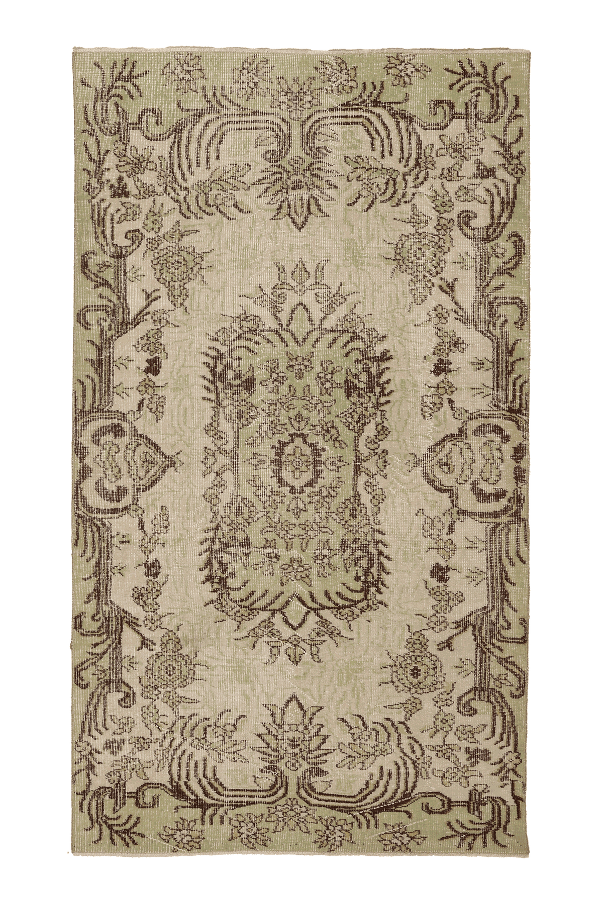 Vintage Isparta Turkish Runner Rug 4x7 ft — Green & Beige Floral