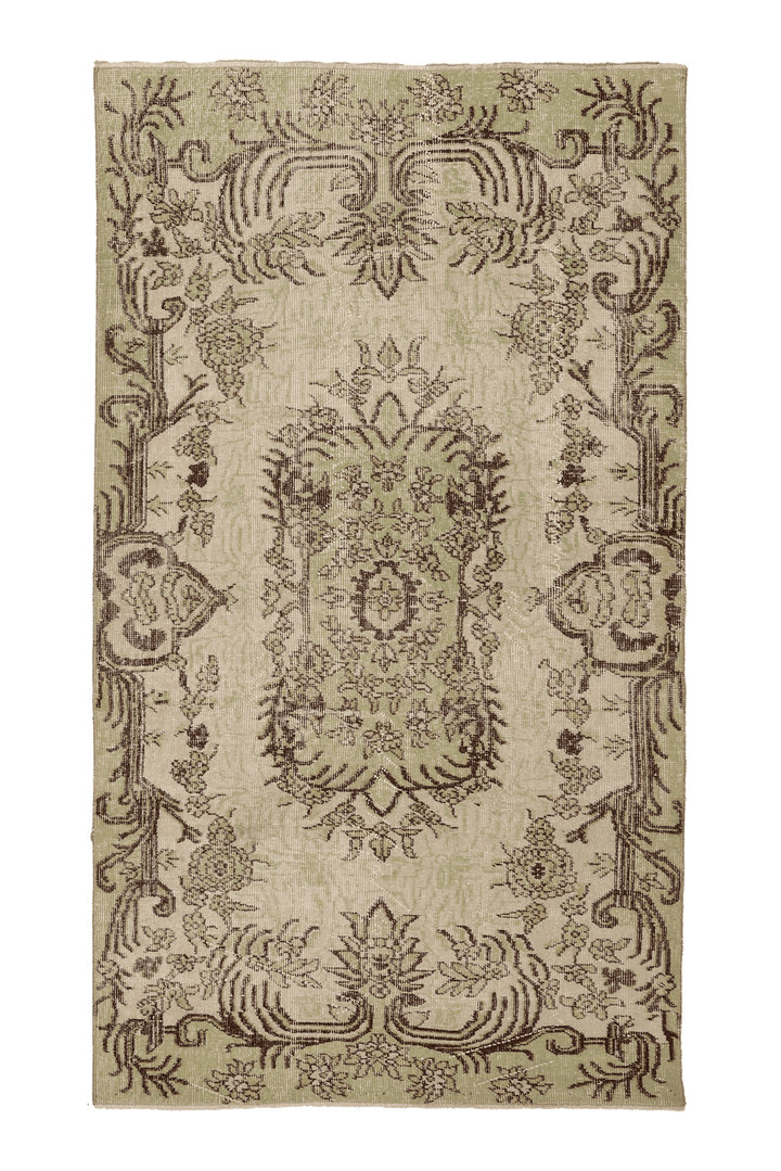Vintage Isparta Turkish Runner Rug 4x7 ft — Green & Beige Floral