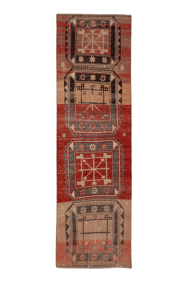 Vintage Malatya Turkish Runner Rug 3x10 ft — Red & Brown Geometric