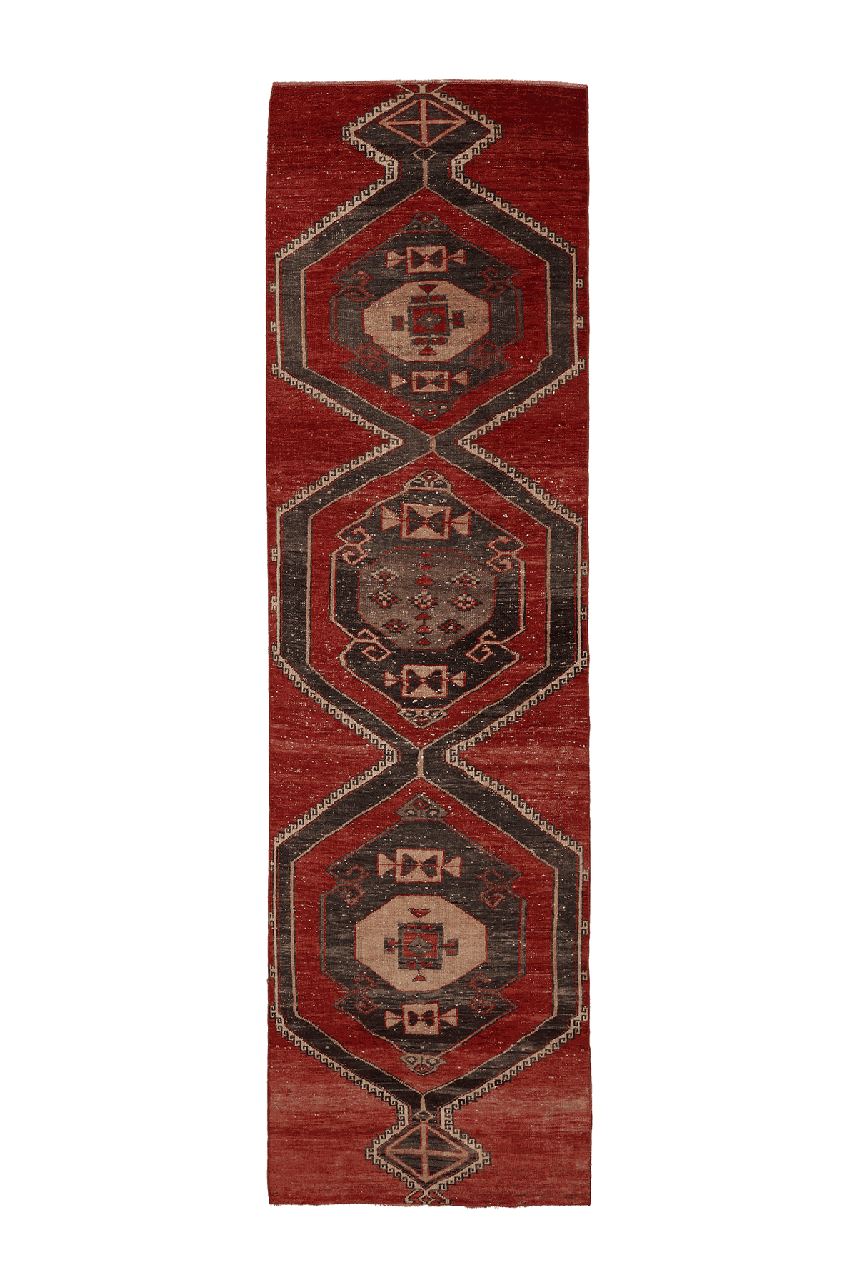 Vintage Malatya Turkish Runner Rug 3x10 ft — Red & Brown Geometric