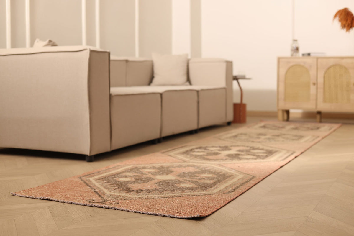 Vintage Malatya Turkish Runner Rug 3x14 ft — Brown & Beige Geometric