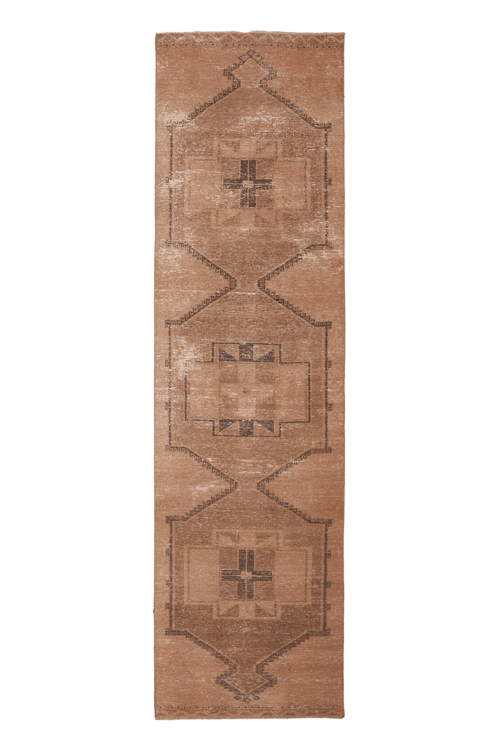 Vintage Malatya Turkish Runner Rug 3x12 ft — Beige & Brown Geometric