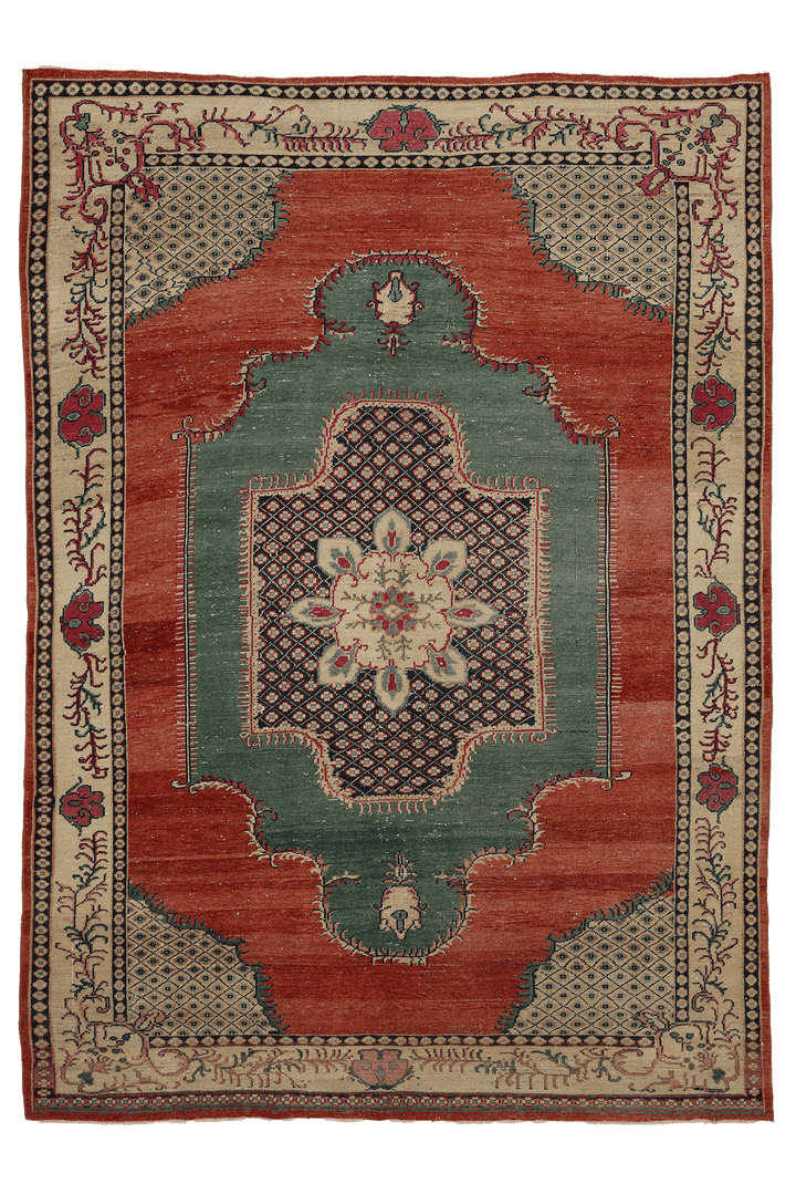 Vintage Malatya Turkish Area Rug 7x10 ft — Red & Green Floral