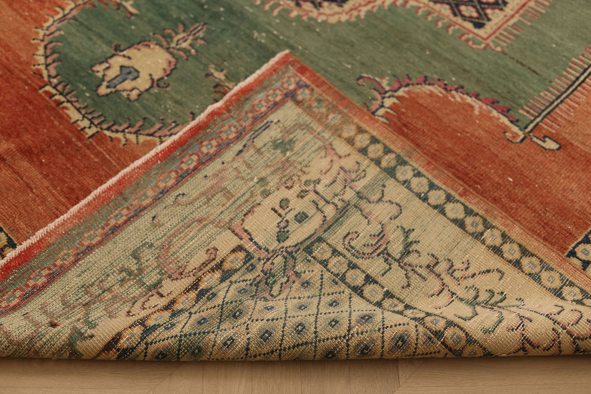 Vintage Malatya Turkish Area Rug 7x10 ft — Red & Green Floral