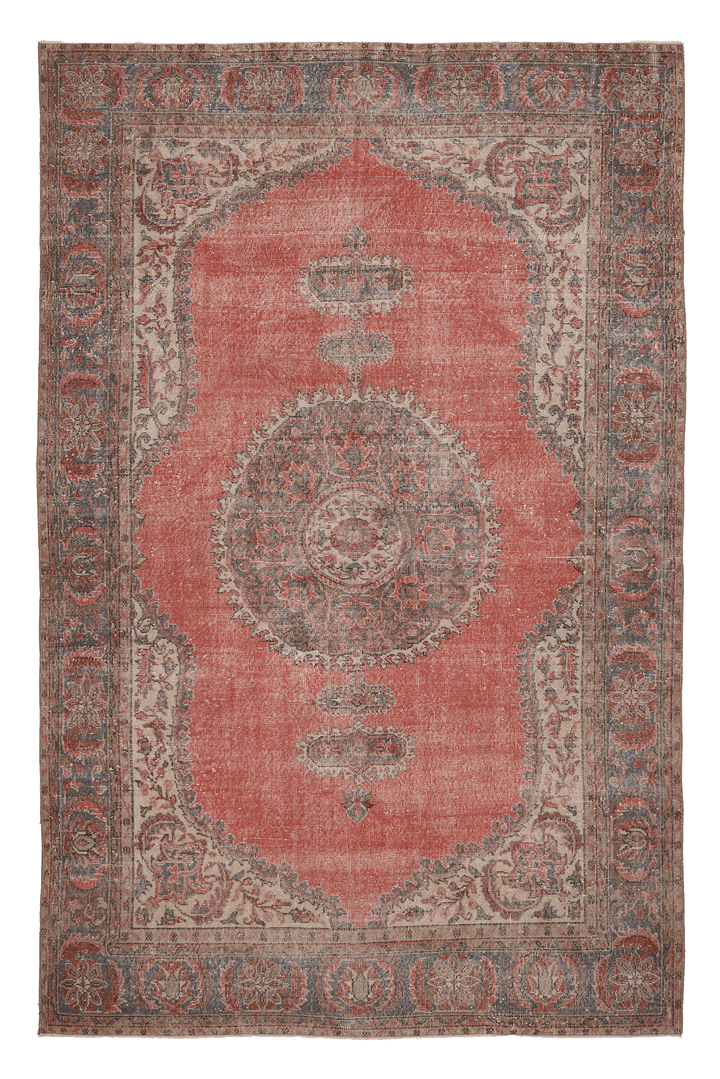 Vintage Isparta Turkish Area Rug 6x10 ft — Red & Gray Floral