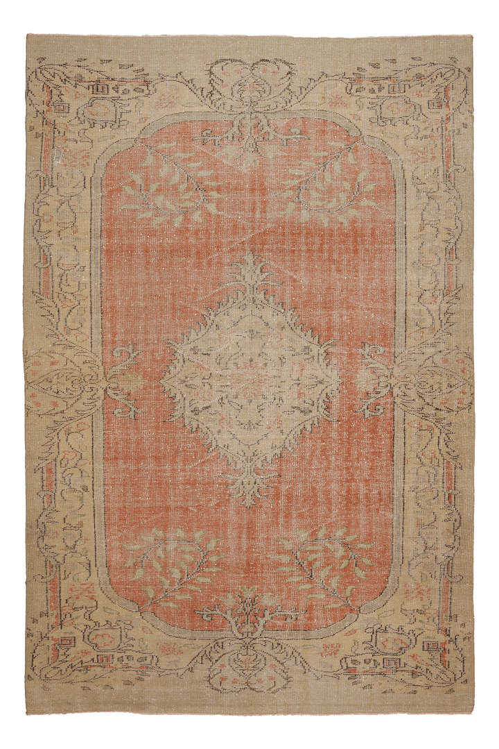 Vintage Manisa Turkish Area Rug 7x11 ft — Orange & Beige Floral