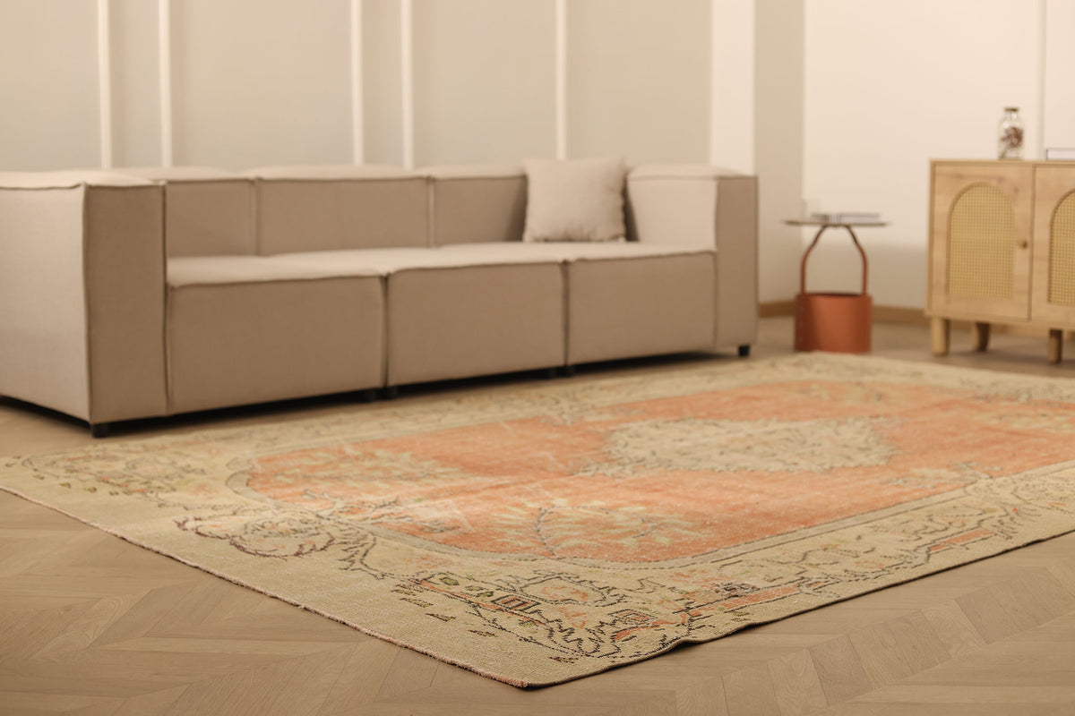 Vintage Manisa Turkish Area Rug 7x11 ft — Orange & Beige Floral