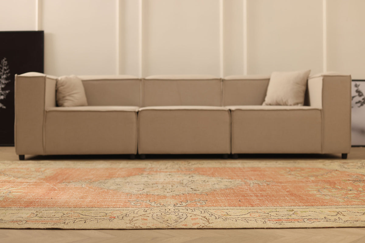 Vintage Manisa Turkish Area Rug 7x11 ft — Orange & Beige Floral