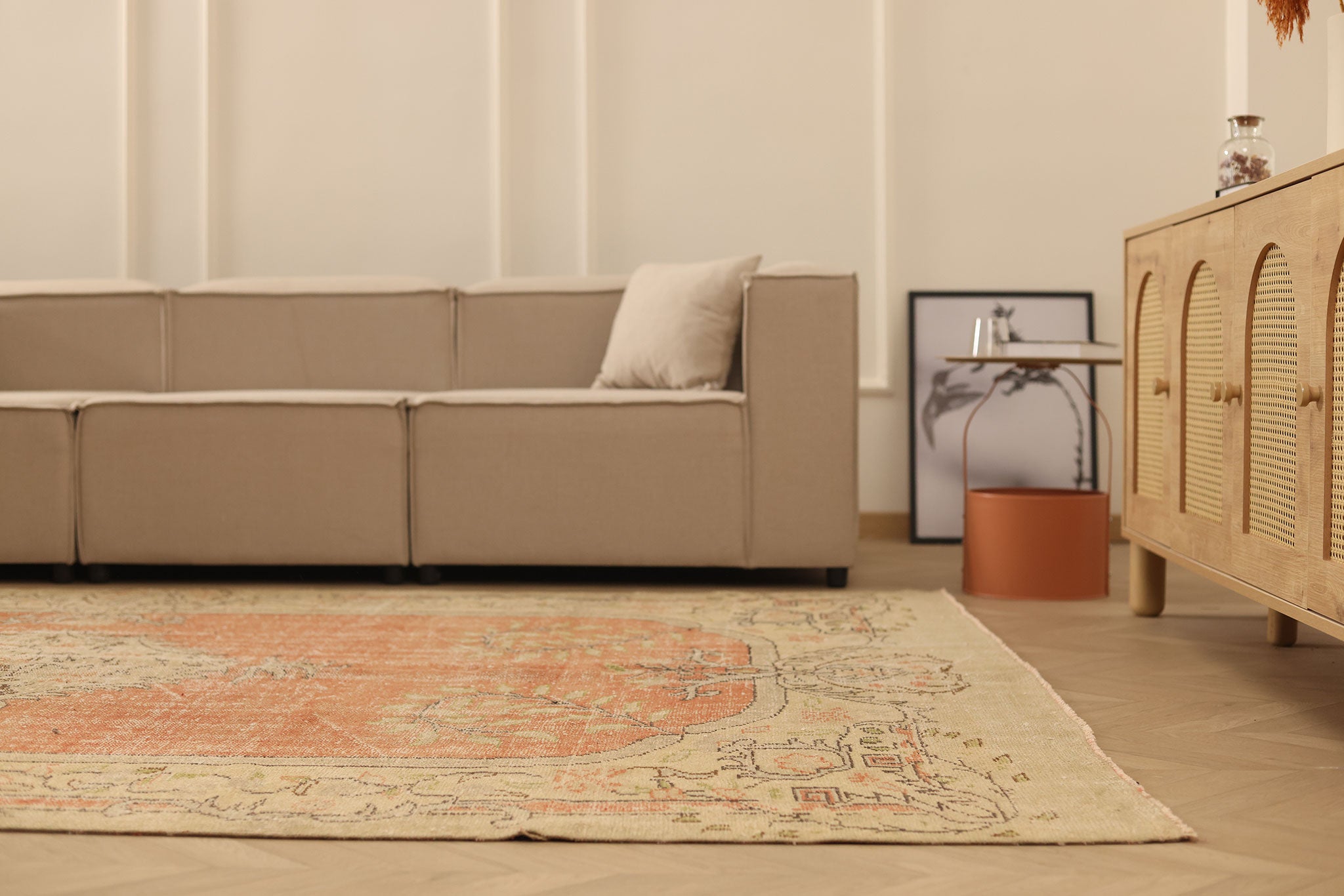 Vintage Manisa Turkish Area Rug 7x11 ft — Orange & Beige Floral
