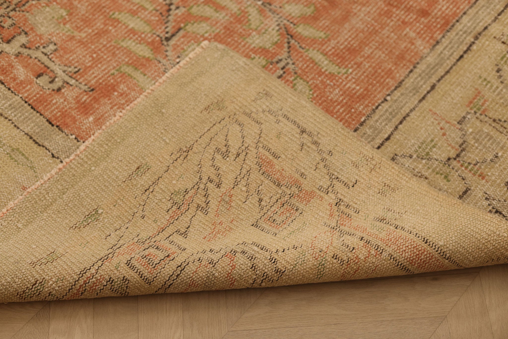 Vintage Manisa Turkish Area Rug 7x11 ft — Orange & Beige Floral